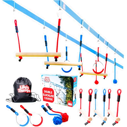 Lily's Things Double Ninja Slackline Obstacle Course for Kids | 80 Foot Line | Ninja Slackline Monkey Bars Playground Equipment | Ninja Ropes Course | Patented Double Line Design
