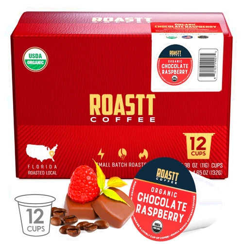 Roastt Coffee Organic Chocolate Raspberry Coffee - Medium Roast Coffee Pods - Single Serve Coffee Pod - Compatible With Keurig Coffee Pods K Cup - Works With 2.0 Keurig Coffee k Cups Brewers-12 Count