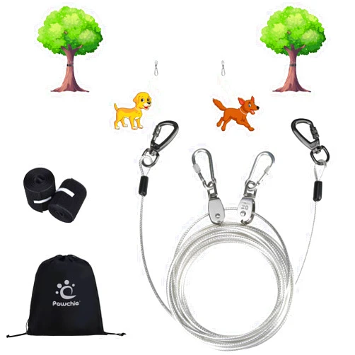 PAWCHIE Dog Tie Out Cable for Camping - 50ft Portable Overhead Trolley System for Dogs up to 200lbs, Heavy Duty Reflective Steel Wire Dog Runner for Yard, Parks, Outdoor Events