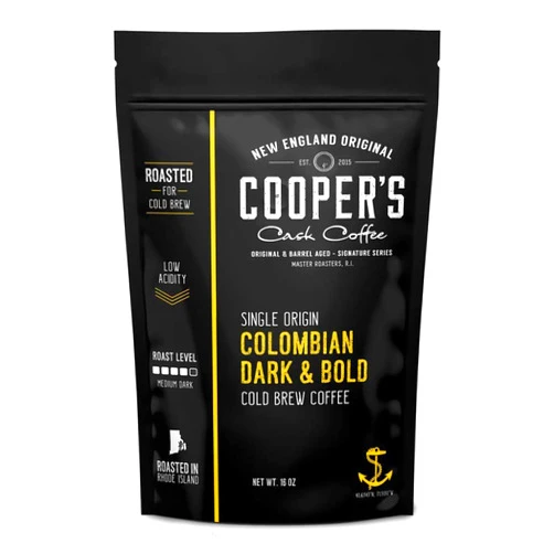 Cooper's Cask Coffee Colombian Dark Roast, Single Origin, Gourmet Organic Cold Brew Coffee Beans, Smooth Taste of Cocoa with Light Fruited Flavors, Cold Brew Coffee Grounds, 1 lb Coffee Bag