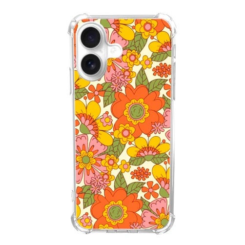 Veakgpligo Retro 70s Flowers Case Compatible with iPhone 16, Hippie Vintage Orange Yellow Flowers Case for Girl Women Men,Unique Soft TPU Bumper Case Cover