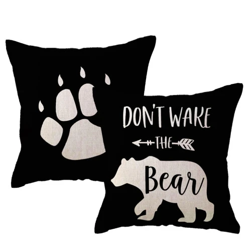 ULOVE LOVE YOURSELF 2Pack Bear Throw Pillow Cover Don’t Wake The Bear Beige Bear Black Background Cushion Covers Bear Paw Cabin/Camper Decorative Pillowcases 18x18 Inch