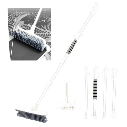 Abealv Floor Scrub Brush with 55 inches Metal Adjustable long Handle Stiff Brush 2 in 1 Scrape and Brush Window Squeegee Cleaning Brush Scrubber for Bathroom Tub and Tile, Patio, Kitchen, Wall