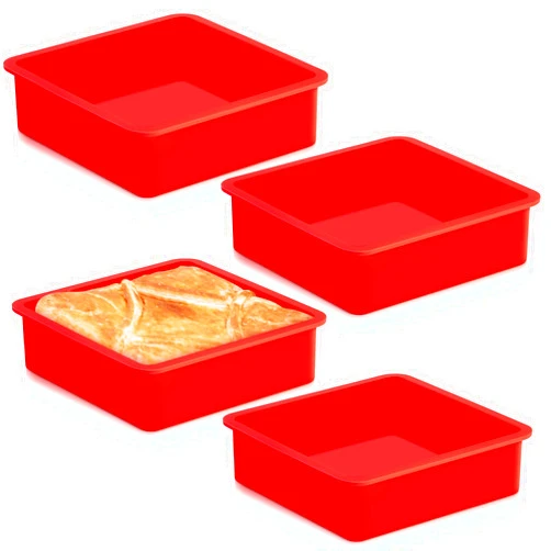 Geetery Set of 4 Silicone Square Cake Pan Silicone Brownie Pan Nonstick Baking Mold for Muffin Bread Rice Crispy Lasagna Pie, Red(6 x 6 x 2 Inches)