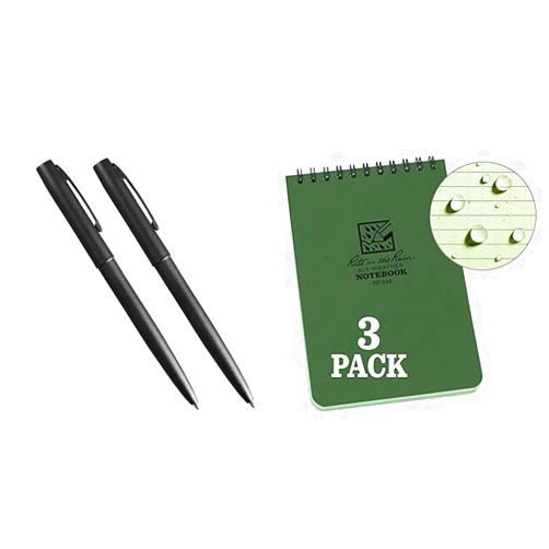 Rite in the Rain Weatherproof Black Metal Clicker Pen, Black Ink, 2 Pack (No. 97-2) & Weatherproof Top Spiral Notebook, 4