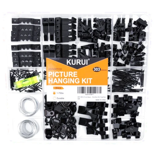 KURUI 303Pcs Picture Hangers for Drywall, Picture Hanging Kit with Heavy Duty Wall Hooks, Sawtooth, Picture Wire, D Rings, Hardware Nails, Eye Hooks, Black Heavy Duty Frame Hooks