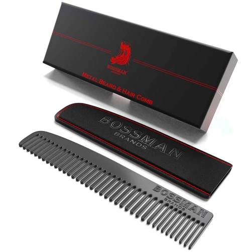 Bossman Metal Grooming Comb for Men - Mustache and Beard Styling Tool with Leather Pocket Case (Black)