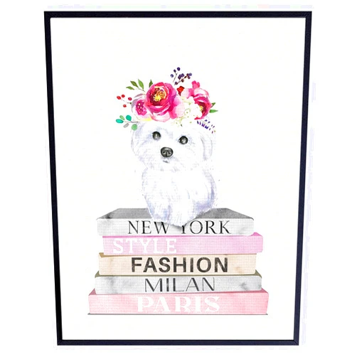 YELLOWBIRD ART & DESIGN Maltese Puppy - Dog Wall Decor - Puppy Wall Decor - Glam High Fashion design Wall Art - Dog Lover Gifts - Cute Dog Wall Art - Designer Wall Decor - Glamour Haute couture Pink Wall Art
