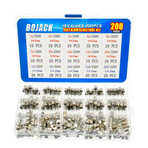 BOJACK 15 Values 200 pcs Fast-Blow Glass Fuses Assortment Kit 5x20mm 250V 1 5 10 15 20A 6x30mm 250V 1 2 3 5 6 7 8 10 15 20A amp packag in a Clear Plastic Box