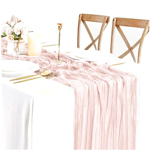 BLUETOP Dusty Pink Cheesecloth Table Runner, 10ft Gauze Table Runner Boho Rustic Cheese Cloths Table Runner for Wedding Bridal Shower Thanksgiving Christmas Summer Boho Table Decoration