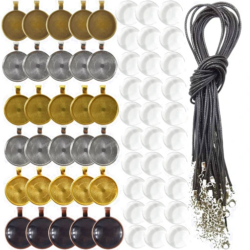ROYHOO 90PCS Rhinestone Bezel Pendant Trays Set 30PCS Cabochon Pendant Setting 30PCS Clear Glass Cabochons and 30PCS Waxed Necklace Cord for Photo Pendant DIY Jewelry Making（6 Colors）