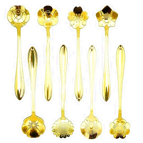 ERCRYSTO Stainless Steel Tableware Creative Flower Coffee Spoon, Stirring Spoon, Sugar Spoon, Mixing Spoon, Tea Spoon, Ice Cream Spoon, 8 Different Patterns in 1 Set, Color Golden