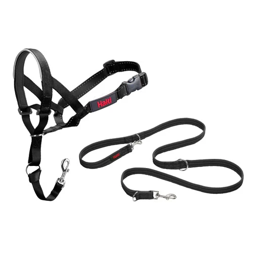 The Company of Animals HALTI Headcollar Size 3, Black & HALTI Training Leash Size Large, Black Combination Pack - Stop Your Dog Pulling on the Leash. Adjustable, Lightweight with Padded Nose Band. Suitable for Medium Dogs