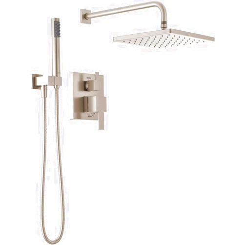 Delta Faucet Modern Raincan 2-Setting Shower Square System Including Rain Shower Head and Handheld Spray Brushed Nickel, Rainfall Shower System Brushed Nickel, Spotshield Stainless 342701-SP