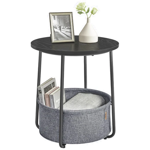 VASAGLE LILEA Collection - Small Round Side End Table, Modern Nightstand with Fabric Basket, Ebony Black and Slate Gray ULET223B01