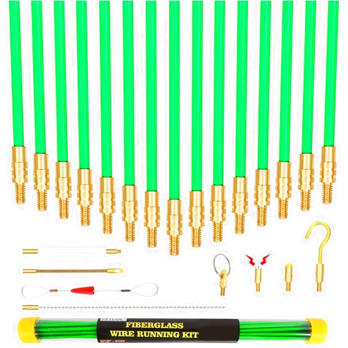 PETUOL 21 Feet Fiberglass Fish Tape Cable Rods, Electrical Wire Running Pull/Push Kit with Hook and Hole Kit Glow Rod, Hook Hole, Green
