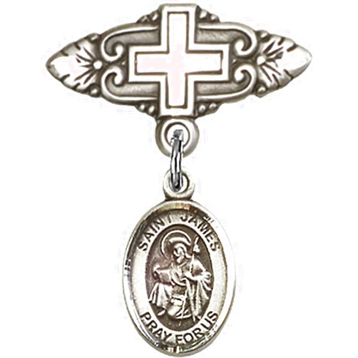 Unknown Sterling Silver Baby Badge with St. James the Greater Charm and Badge Pin with Cross 1 X 3/4 inches