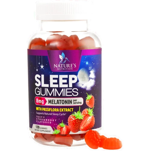 Nature's Nutrition Sleep Gummies - 8mg Melatonin Per Serving - With Passiflora Extract for Restful Sleep - Fast Acting Melatonin Sleep Gummy Supplement for Adults, Vegan, Non-GMO, Tasty Strawberry Flavor - 120 Gummies