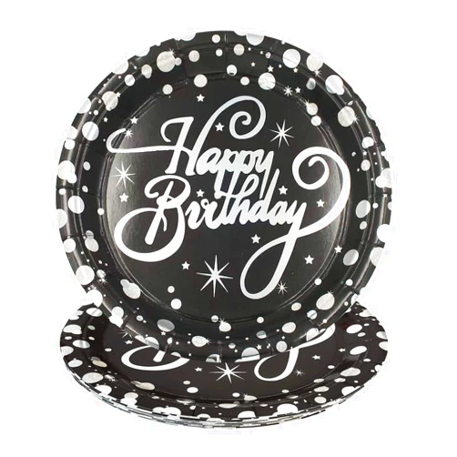 AAAMN 20pcs Happy Birthday Plates 7 Inch Black and Silver,Disposable Paper Cake Dessert Plates for Women and Men Funny Birthday Party Favor