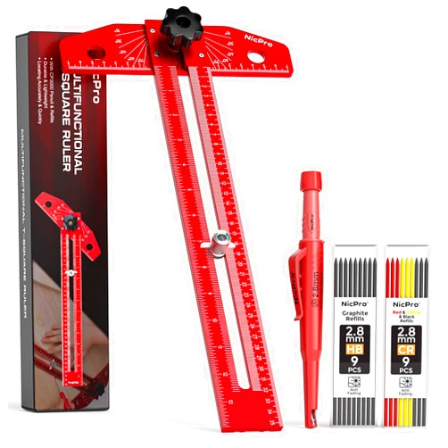 Nicpro Woodworking Scriber Marking Line Ruler, Adjustable Aluminum Alloy Sliding T-Square Ruler with Carpenter Pencil, Angle Adjustment Scale, Precision Line Drawing aid Ruler Tools for Woodworking
