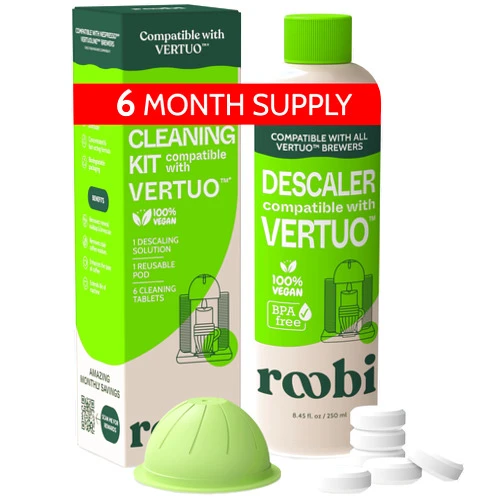 Roobi Nespresso Compatible Vertuo Cleaning & Descaling Kit. Includes 1 Bottle of Descaling Solution, 6 Cleaning Tablets and 1 Reusable Pod. Carbon Neutral Vertuoline Maintenance Kit. 6 Month Supply.