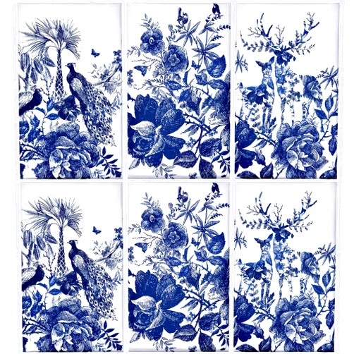 Geiserailie 6 Pieces Chinese Style Kitchen Tea Towels, Chinoiserie Dish Towels Kitchen Bar Towels Animal Peacock Elk Flower, Chinese New Year Hand Towel Spring Festival Large Plate Cloth Set, White and Blue