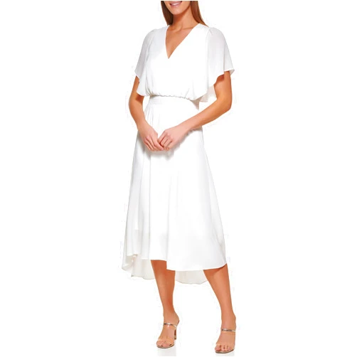 DKNY Women's Sleeveless V-Neck Knit Dress, Cream with Silv, Large