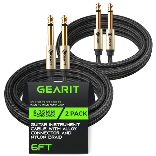 GearIT Guitar Instrument Cable (6ft 2-Pack) 1/4 Inch to 1/4 inch TS Straight Male to Male 6.35mm Mono Jack with Alloy Connector and Nylon Braid