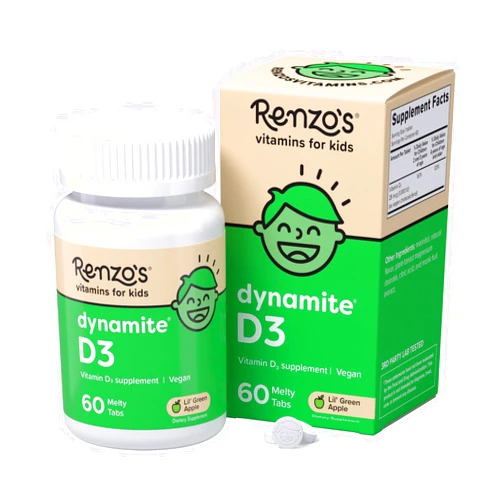 Renzo's Dynamite Vitamin D3, Dissolving Kids Vitamin D3, 60 Sugar-Free Melty Tabs, Lil’ Green Apple Flavored
