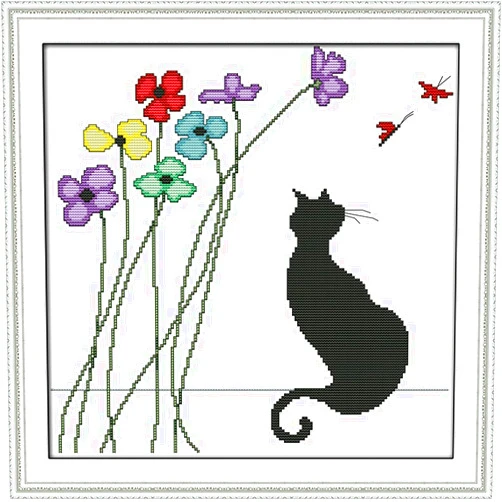 Awesocrafts Cross Stitch Kits, Black Cat and Flowers Easy Patterns Cross Stitching Embroidery Kit Supplies, Stamped or Counted (Cat, Stamped)