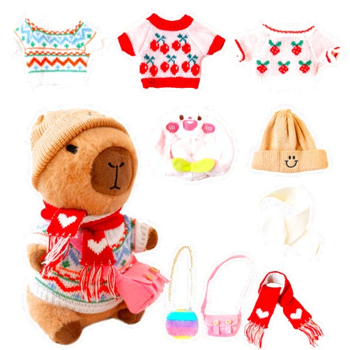 WAKSUN Capybara Plush for Boys Girls Birthday Dress Up Cute Plushies,10 Pcs Set,9 Clothes and Accessories Kawaii Stuffed Animal Plushie Toy, Soft Peluche Doll for Kids 10.2 in