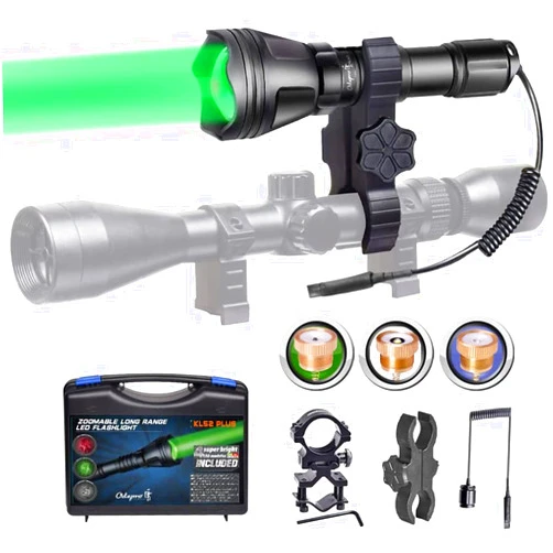 Odepro KL52Plus Zoomable Hunting Flashlight Kit with 4 Interchangeable Modules (Red, Green, White, IR850), Long Range Predator Light with Remote Pressure Switch, for Coyote, Hog, Varmint Hunting