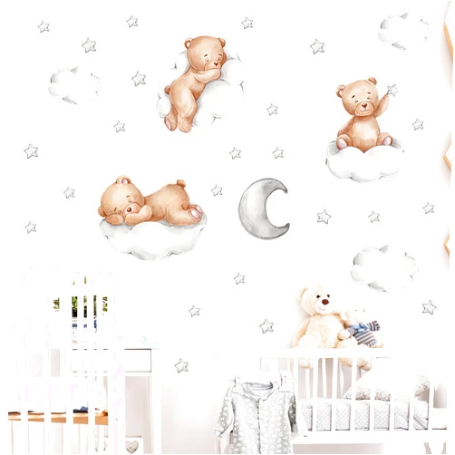 Sacinora Cute Brown Sleeping Baby Bear Wall Stickers, sacinora Moon and Stars DIY Art Wall Decals Removable Vinyl Peel and Stick for Kids Baby Nursery Bedroom Toddler Room Kindergarten Decorations