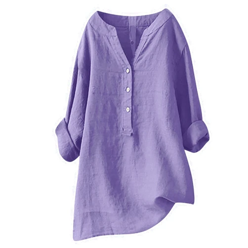 Lastesso Linen Shirts for Women Classic-Fit V Neck Button Down Summer Blouses Loose Shirts Roll Up Sleeve Lightweight Tops