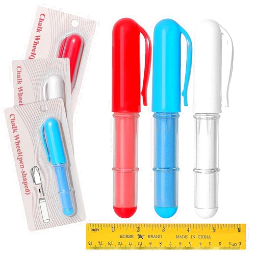 Vizava Fabric Chalk Markers for Sewing,Quilting,Crafting|Erasable Tailor’s Chalk|Work on Various Fabrics|Dosing Wheel Drawing Intricate Patterns Precise Lines-Per Pack(Red,Blue,White and 1 Ruler)