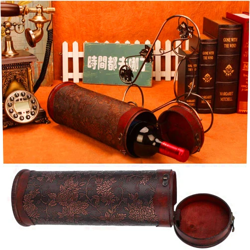 Garosa Retro Wooden Wine Gift Box Portable Vintage Round Wooden Single Red Wine Storage Box With Handle