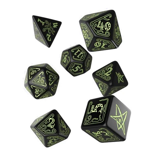 Q Workshop Q-Workshop Call of Cthulhu Black & Glow-in-The-Dark RPG Ornamented Dice Set 7 Polyhedral Pieces Black & Glow-in-the Dark, Standard (15mm - 17mm)