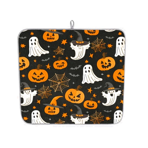 Kaifanee Halloween Dish Drying Mat for Kitchen Counter,Pumpkin Evil Ghost Spooky Web Print Drying Mats Super Absorbent Microfiber Dishs Pad Coffee Bar Mat Extra Large 18 X 16 Inch
