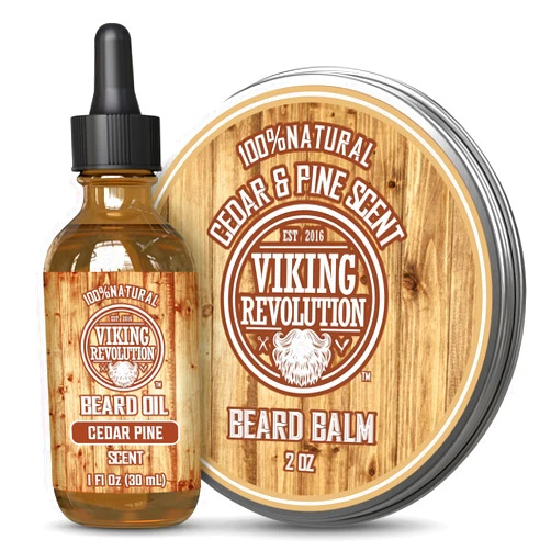 Viking Revolution Cedar and Pine Beard Balm for Men and Beard Oil Bundle - With Argan and Jojoba Oils - Soften and Moisturize your Beard