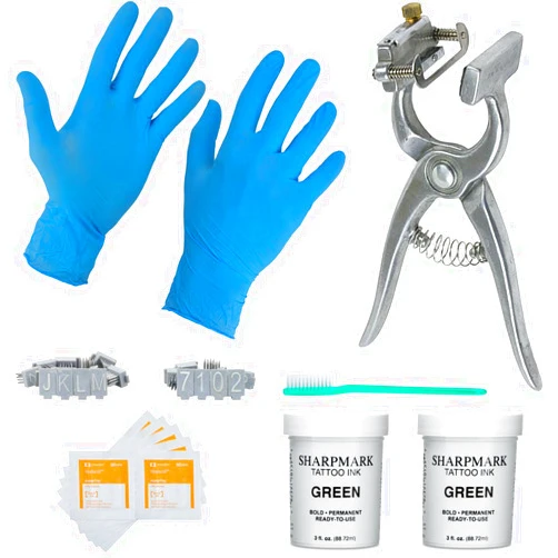 BOCCS Standard Animal Complete Tattooing Kit with 0-9 & A-Z Digits, Nitrile gloves, Ink, and more. For Identification of Sheep, Pigs, Goats, Rabbits, and Other Livestock (STANDARD, Green)