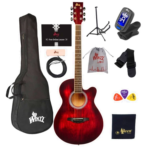 WINZZ HAND RUBBED Series - 40 Inches Cutaway Acoustic Acustica Guitar Beginner Starter Bundle with Online Lessons, Padded Bag, Stand, Tuner, Pickup, Strap, Picks, Red