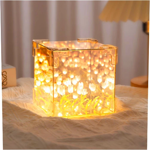 MKQ Tulip Night Light,Led Decorative Nights Lamp for Bedroom,Handmade DIY Magic Cube Tulips Flower Table Lamp and Mirror 2 in 1,21 Flowers Birthday Gifts for Women and Girl (Pink Tulips)