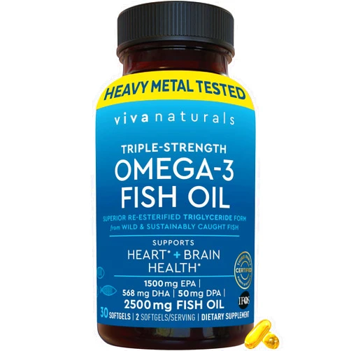 Viva Naturals Triple Strength Omega 3 Fish Oil Supplement - 2500 mg Fish Oil with Re-Esterified Omega 3 Fatty Acids Including EPA, DHA DPA - 30 Pescatarian-Friendly Softgels