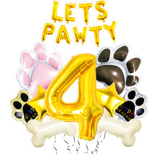 Fezava 4th Dog Balloons 18pcs Lets Pawty Balloons Dog Paw Birthday Decor Baby Shower 40 inch Gold Number Balloons 4 Mylar Foil Balloons for Lets Pawty Birthday Decorations Dog 4th Birthday Party Supplies