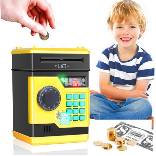 Foyucool Piggy Bank for Kids, Cash Coin Can ATM Bank with Music and Fingerprint Unlocking Simulation, Electronic Coin Money Bank Gifts Toy for Kids Boys Girls, Gold&Black
