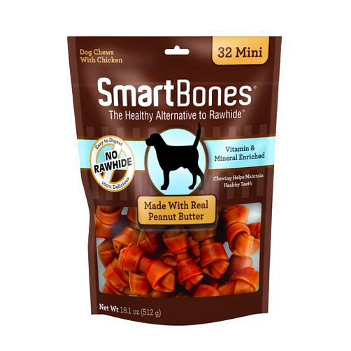 SmartBones Mini Chews With Real Peanut Butter 32 Count, Rawhide-Free Chews For Dogs