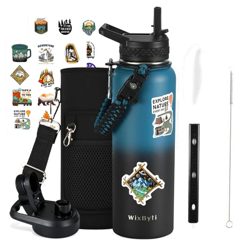 WixByti 40 oz Insulated Water Bottle with Straw (Cold for 48 Hrs), Stainless Steel Triple Wall Vacuum Sports Water Jug, Leakproof Hydro Cup Flask with Paracord Handle & Straw Spout Lids & DIY Stickers