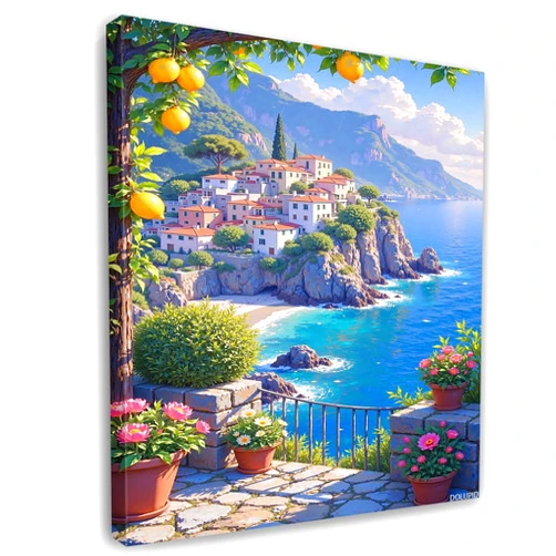 DOLUPID Retro Italy City Landscape Canvas Posters Colorful Lemon Tree Garden Mediterranean Wall Art Vintage Amalfi Coast Coastal House Prints Painting for Living Room Bedroom Bathroom Wall Decor 8x10inch Framed