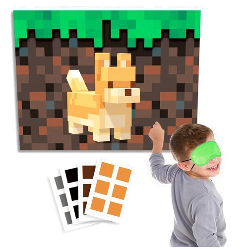 Badeauwald Miner crafting Party Supplies, Pin the Nose on the Dog Pixel Pin the Tail Game. Mining Games, Big 157g Copperplate Paper, Elastic Blindfolds, Stickers All Edge Cut for Minecraft Party Games.