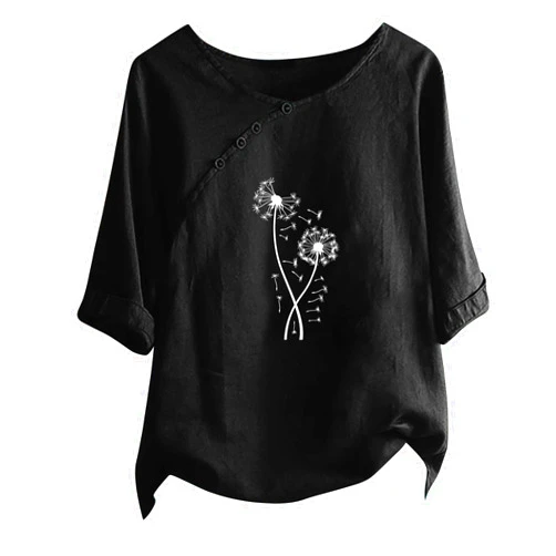 Generic Women's Floral Printed Cotton Blend Short Sleeve Top Summer Dressy Casual Crewneck Button Shirts Comfy Loose Fit Blouses
